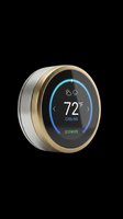 Smart home thermostat with digital display showing 72°F cooling mode, gold and silver finish, isolated on transparent background, ready for print on demand and clipart use.