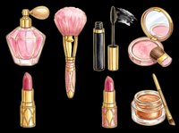 Watercolor makeup cosmetics set with perfume, brush, mascara, blush, lipstick and glitter, isolated on transparent background, ready for stickers, clipart, sublimation.