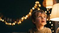 Young boy with blonde hair wearing knit sweater looking up with wonder at warm glowing lights during evening celebration or holiday gathering.