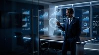 Professional businessman analyzing financial data on interactive digital screens in modern corporate office environment for business presentations.