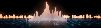 Digital audio waveform visualization with glowing orange bars on dark futuristic grid background for music production and sound engineering applications.
