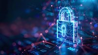 Glowing neon padlock with circuit pattern on digital background illustrates cybersecurity and data protection concept. Modern tech visualization for security presentations.
