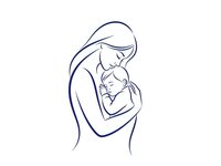 Tender mother holding newborn baby in loving embrace. Minimalist line art illustration on white background for maternity, parenting and family designs.