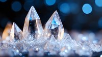 Clear quartz crystal points emerge from crystalline base against dark background with blue bokeh lights, creating magical mineral formation with frost-like texture.