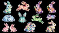 Colorful cartoon rabbits and bunnies in various playful poses, isolated on transparent background. Ready for t-shirt designs, stickers, clipart, sublimation, print-on-demand products and digital crafts.