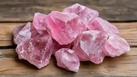 Raw rose quartz crystal chunks with translucent pink hue on rustic wooden surface, displaying natural mineral formation and healing stone properties.