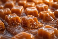 Soft caramel candy pieces with sea salt crystals on brown melted caramel background, macro food photography showing sweet dessert texture and details.