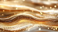 Glowing golden waves with sparkling particles and bokeh effect create luxurious abstract background with flowing motion and shimmering light elements.