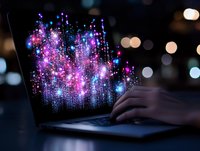 Magical glowing particles emerging from laptop screen with purple and blue sparkles against dark background, digital transformation concept for business innovation.