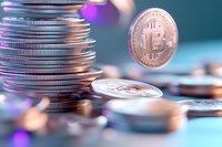 Stack of silver cryptocurrency coins with floating bitcoin on blue background with bokeh lights, modern digital money concept for financial technology.