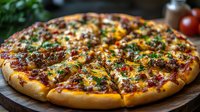 Fresh baked pizza with melted cheese, seasoned ground beef, and chopped herbs on wooden serving board, captured in rustic kitchen setting with natural lighting.