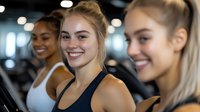Young diverse women smiling during workout at fitness center, focus on caucasian female in black top, group training and healthy lifestyle concept.