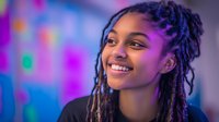 Young woman with dark skin tone and braided hairstyle smiling against vibrant neon bokeh background with purple, blue, and pink lights. Portrait suitable for youth culture, lifestyle, technology, and modern advertising campaigns.