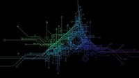 Abstract digital circuit board design with glowing blue and green lines on black background for technology presentations and futuristic concepts.