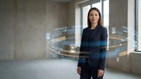 Young woman with long dark hair and fair complexion wearing dark business attire stands in modern office space with holographic data visualization interface displaying digital icons and graphs around her.