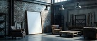 Industrial loft interior with exposed brick walls, pendant lighting, leather furniture, and blank canvas frame for mockup or artwork display.