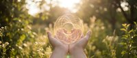 Hands cupping glowing energy sphere in nature with warm sunlight filtering through green foliage creating magical atmosphere for wellness and spiritual concepts.