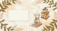 Coffee brewing equipment with vintage grinder and pour-over dripper surrounded by botanical leaves frame on cream background for cafe branding.