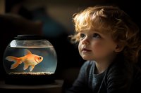 Curious Caucasian toddler boy with curly blonde hair gazing at goldfish swimming in round glass bowl aquarium, dark moody lighting creates dramatic atmosphere.