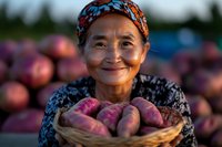 Senior Asian woman in traditional headscarf holding woven basket with fresh purple sweet potatoes, smiling warmly at harvest time during golden hour sunset.