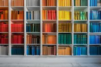 Colorful books arranged by spectrum colors on modern white bookshelf, creating rainbow pattern. Clean minimalist library interior with organized literature collection.