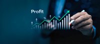 Businessman hand drawing profit growth chart with upward trending arrows and percentage symbols on dark blue background for financial success presentation.