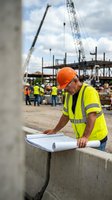 Construction foreman in safety gear reviewing blueprints at active building site with cranes and workers in background for engineering projects.