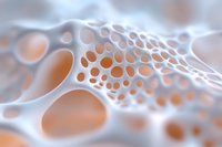 Abstract organic mesh structure with orange glowing spots on white background, featuring flowing curves and perforated surface pattern for modern design projects.