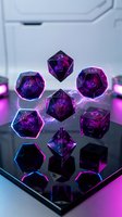 Neon glowing polyhedral dice set with purple and magenta light effects on reflective surface, featuring multiple sided gaming dice for tabletop role-playing games and fantasy adventures.