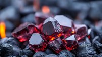 Deep red crystals with geometric facets glowing against dark rocks, dramatic lighting creates mysterious atmosphere and highlights translucent gemstone surfaces.