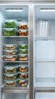 Organized refrigerator with meal prep containers filled with fresh vegetables, proteins, and prepared meals on left side, empty right side showing storage space for kitchen organization.