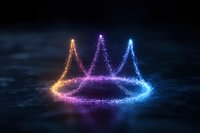 Glowing neon triangular shapes with sparkle particles forming mystical geometric composition on dark background with reflection. Abstract light art concept.