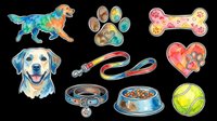 Watercolor dog sticker set with golden retriever, paw print, bone, leash, collar, bowl, heart, and tennis ball, isolated on transparent background, for clipart and t-shirt design.