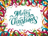 Festive Merry Christmas greeting card with colorful ribbon border and teal calligraphy lettering on white background.