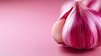 Fresh whole garlic bulb with pink tinted cloves on soft pink background with selective focus and copy space for food and culinary concepts.