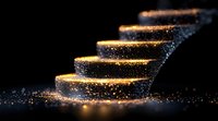 Glowing golden steps with magical sparkles and light particles floating in darkness create mystical stairway effect for fantasy or success concepts.