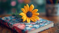 Bright yellow daisy flower resting on decorative floral-patterned hardcover book against blurred background, suitable for editorial, lifestyle, and inspirational design projects.