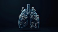 Glowing blue holographic lungs with coronavirus molecules on dark background, medical science visualization showing respiratory infection concept.