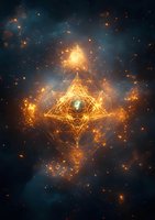 Mystical glowing sacred geometry symbol with golden light effects and energy particles floating in dark cosmic space surrounded by magical sparks and nebula.