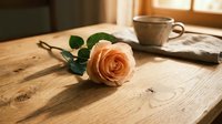 Single peach rose on rustic wooden table with coffee cup and newspaper in warm morning sunlight creating cozy romantic atmosphere for greeting cards and home decor.