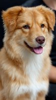 Portrait of friendly golden mixed breed dog with fluffy fur smiling at camera. Close up view shows expressive eyes and happy expression against dark background.