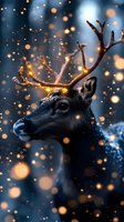 Magical reindeer portrait with glowing antlers amid falling snow and golden bokeh lights against dark blue winter background, creating enchanting holiday atmosphere.