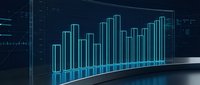 Young professional male, Caucasian ethnicity, analyzing glowing turquoise bar chart on dark digital interface. Suitable for business analytics, financial reports, data visualization projects.