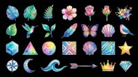 Watercolor botanical and decorative elements collection featuring tropical leaves, wildflowers, hummingbird, butterfly, geometric shapes, compass, moon, waves, arrow, crown and diamond isolated on transparent background for clipart, t-shirt design and print-on-demand projects.