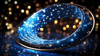 Glowing blue fiber optic cable curves against dark background with bokeh lights, creating futuristic technology concept for telecommunications and data transfer.