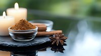 Cinnamon powder in glass bowl with star anise and candles on slate surface for culinary, wellness, and spa design projects.