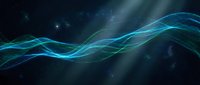 Abstract flowing waves of blue and green light particles streaming across dark background, representing digital data flow, technology innovation, and modern connectivity for tech, science, and business applications.