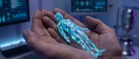Close-up of hands holding glowing turquoise crystal with digital data visualization effect in modern tech laboratory setting. Futuristic concept.