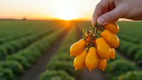 Hand holding fresh yellow cherry tomatoes at sunset in agricultural field with crop rows. Organic farming harvest concept for healthy food production.