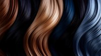 Flowing wavy hair strands in natural brown, blonde and blue tones creating smooth texture pattern for beauty salon and haircare design projects.